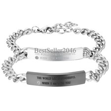 His or Hers Love Words Stainless Steel Chain Bracelet Promise Gift for Couples