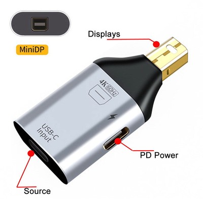 NFHK  USB-C Type C Female Source to Mini Displayport DP Sink HDTV PD Adapter 4K