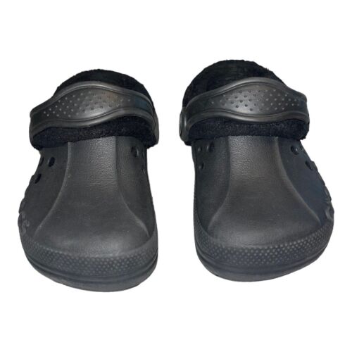 Crocs Blitzen Polar Faux Fur Round Toe Clog Shoes Child 6-7 Black Slip On Straps - Picture 1 of 16