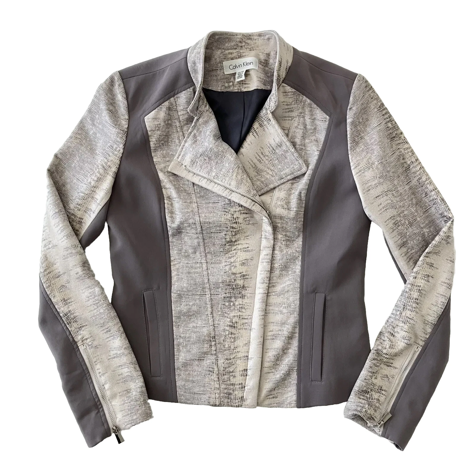 OFF WHITE Giacca Motociclista Calvin Klein Pelle di Serpente Ecopelle Grigio Avorio XS EUC