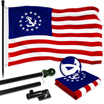Combo: 5 Ft Flagpole Black & American USA Yacht Ensign Flag 2x3 Ft Emb 300D Poly
