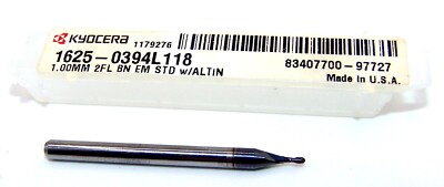 Kyocera Micro Tools 1620-0394.058 1.00mm Solid Carbide End Mill, 2 Flute Stub Length, Made In USA