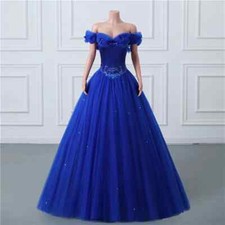 Princess Royal Blue Ball Wedding Dresses Off Shoulders Beads Bow Bridal Gowns