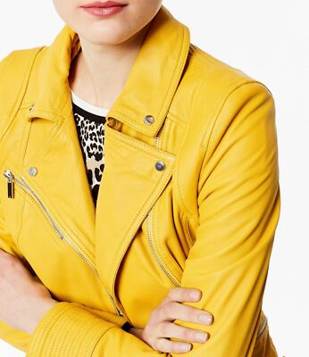 Women Yellow Leather Jacket Genuine Lambskin Leather Biker Motorcycle Jacket SML
