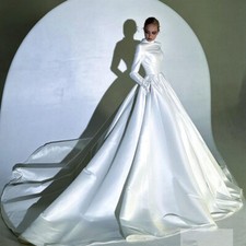 High Neck Muslim Satin Wedding Dresses Long Sleeve Backless Pockets Bridal Gowns