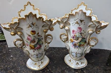 Pair Of Antique Old Paris Porcelain Floral & Gold Gilt Spill Vases C1890, 11"