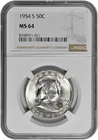 1954 S 50C BU Silver Franklin Half Dollar NGC Graded MS 64 White Coin New Holder