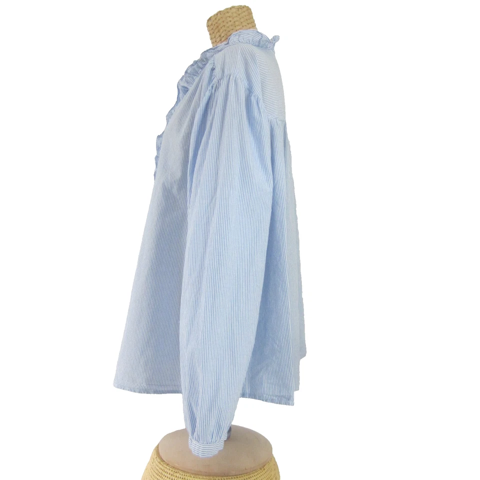 Blusa Camisa H&M Mujer XL Azul Blanco Rayas 100% Algodón LS Cuello Volantes Foto 4 de 4