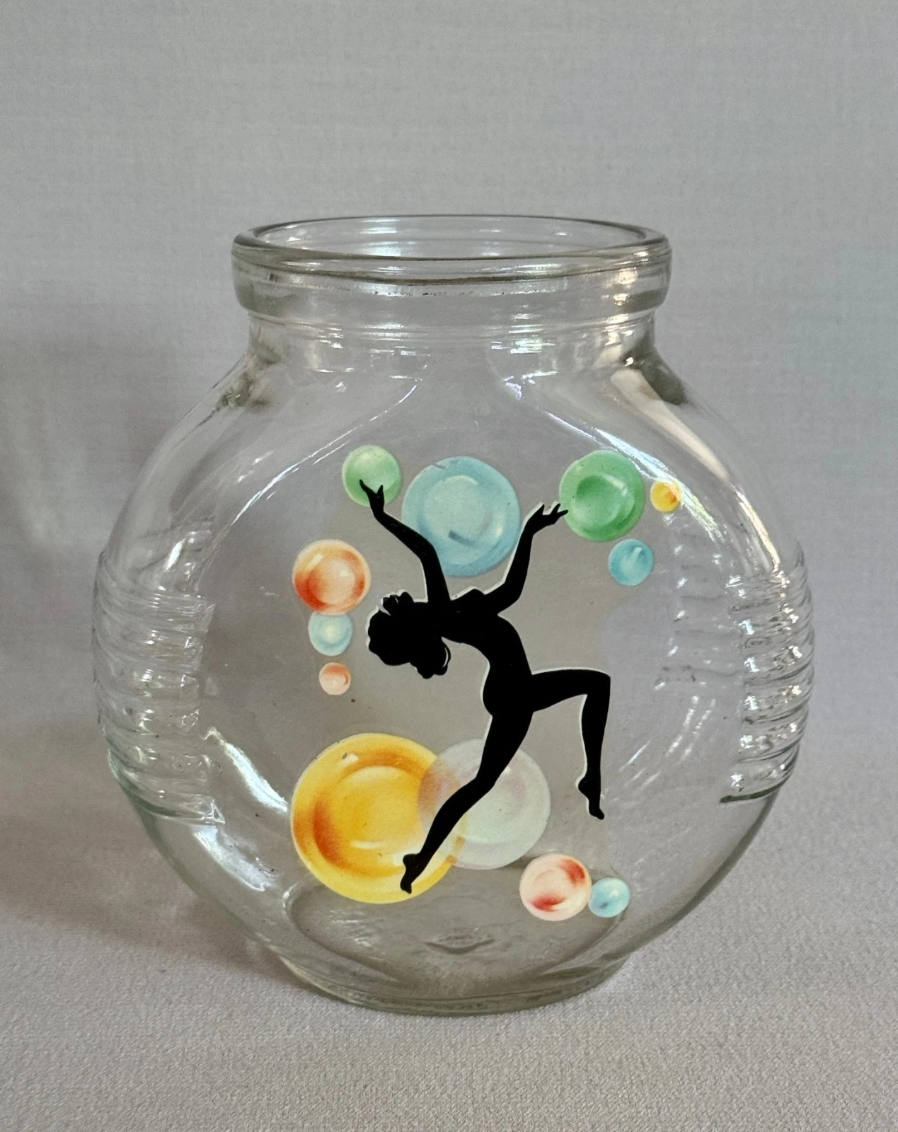 Charming Vintage Glass Counter Jar with Art Deco Dancer & Bubbles Decal