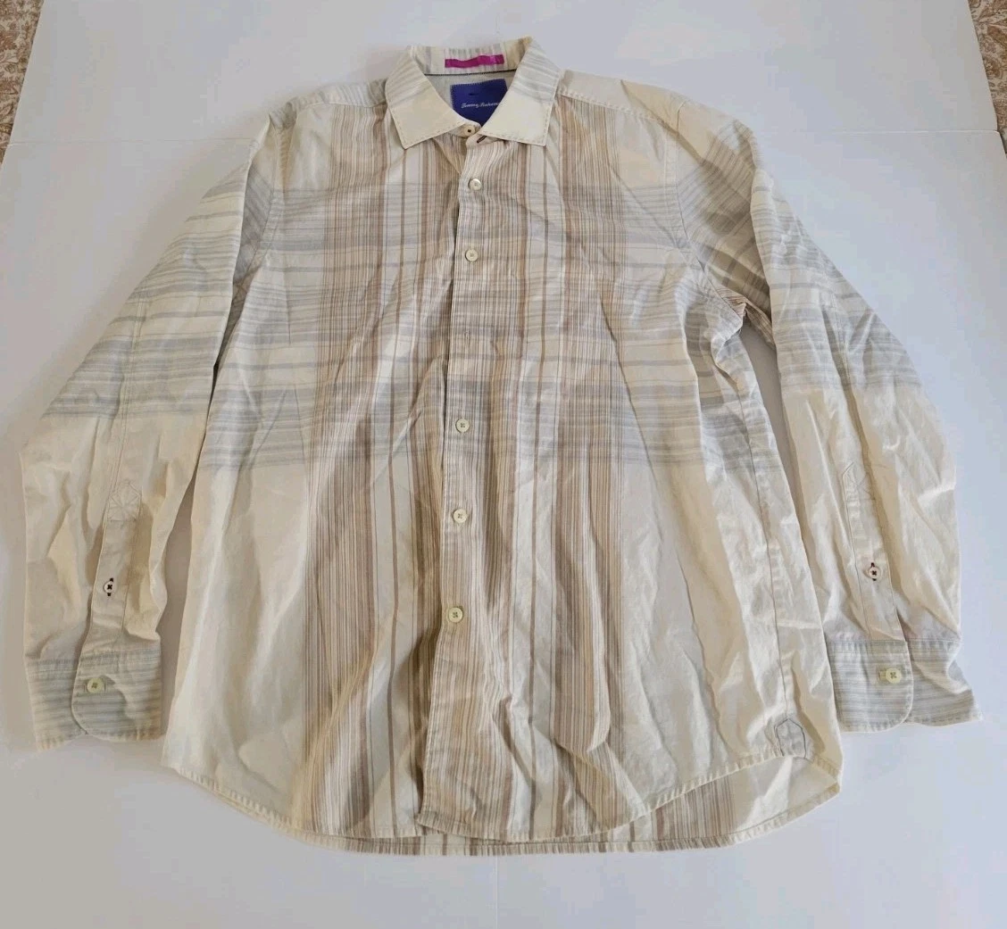 Tommy Bahama Shirt Men M Light Sand Plaid Anteaky Long Sleeve