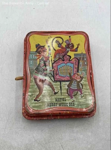 Mattel Multicolor Tin Windup Monkey Organ Grinder Portable Merry Music Box