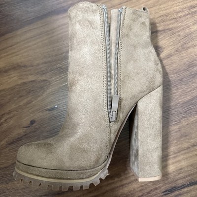 Beige Faux Suede Platform Block Heel Ankle Boots with Zipper