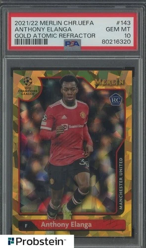 2021-22 Topps Merlin Chrome Gold Atomic Refractor Anthony Elanga RC /50 PSA 10