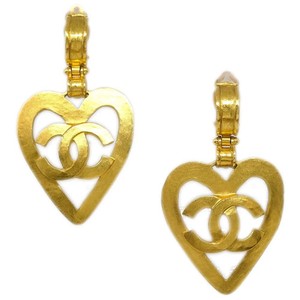 Authentic Chanel Vintage Cc Heart Cut Out Drop Clip-On Metal Gold Gold_Plated Earrings