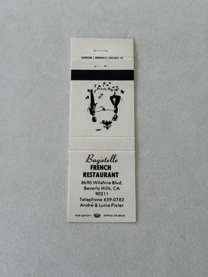 Bagatelle French Restaurant Pister Beverly Hills California Matchbook Cover 460