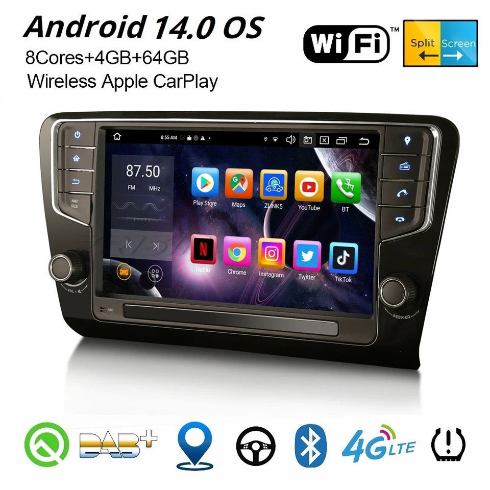 ERISIN 9" Android 14 DAB+ 8-Kern Autoradio für SKODA Octavia MK III 2014-2018 Navi 64GB