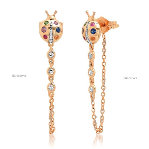Rainbow Sapphire & Natural Diamond Wrap Chain Ladybug Earrings 14k Rose Gold - 第 1/5 張圖片