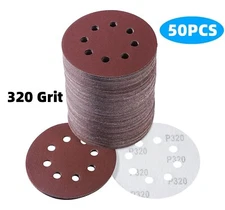 50PCS 5" 320 Grit Hook and Loop Sanding Discs 8-Hole Orbital Sander Sandpaper