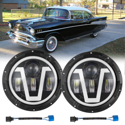 Pair 7'' Inch Round LED Headlights Halo Angle Eyes For Chevy Bel Air 1955-1957