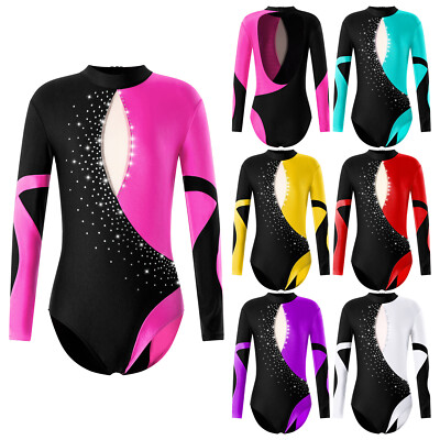 Kids Girls Rhinestone Ballet Dance Leotard Long Sleeve Gymnastics Bodysuit Tops