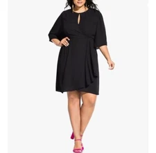City Chic Womens Medium 18 Black Faux Wrap Flutter Sleeve Dress NWT W22