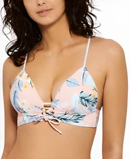 Hula Honey Floral Print Tie Front Strappy Juniors Bikini Top Swimwear NWT Pink