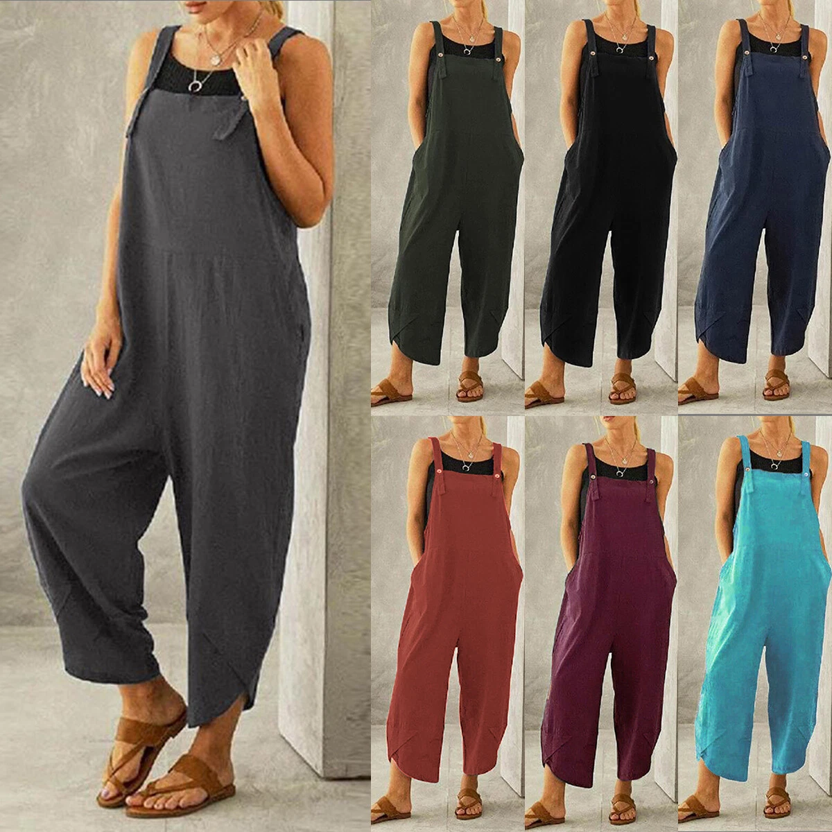 Plus Size UK 8 22 Womens Loose Overalls Pockets Loose Dungarees