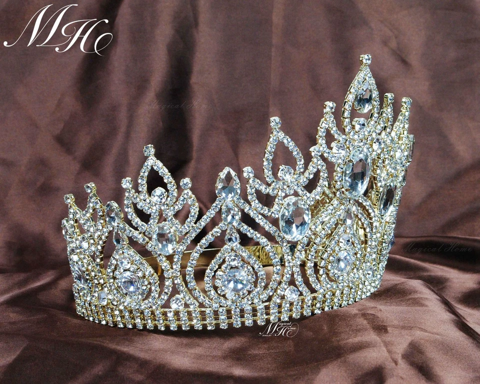 Magnífica Tiara Novia Boda Desfile Corona Dorada Estrás Accesorios para el Cabello Foto 3 de 4