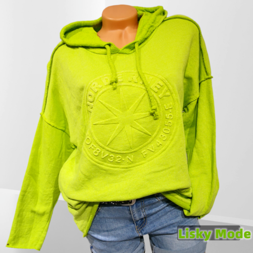 Italy Damen Shirt Sweatshirt Kapuze Hoodie  3D Stern Lind Grün 36 38 40 NEU - Afbeelding 1 van 20