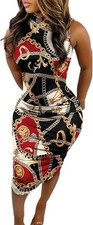 New Women's Chain Link Print High Neck Sleeveless Bodycon Dress Large