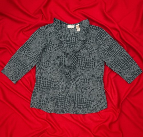 Liz Claiborne Top Women’s Size 12 Gray/black, Ruffles, Hidden Button 3/4 Sleeves
