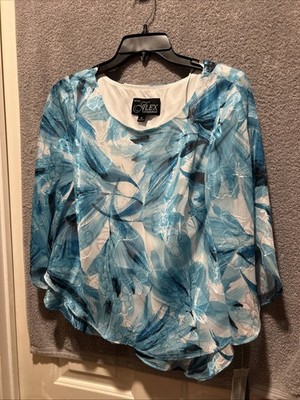 NWT Alex Evenings SP Blouse 3/4 Sleeve Layers Asymmetrical Aqua Blue Floral $129