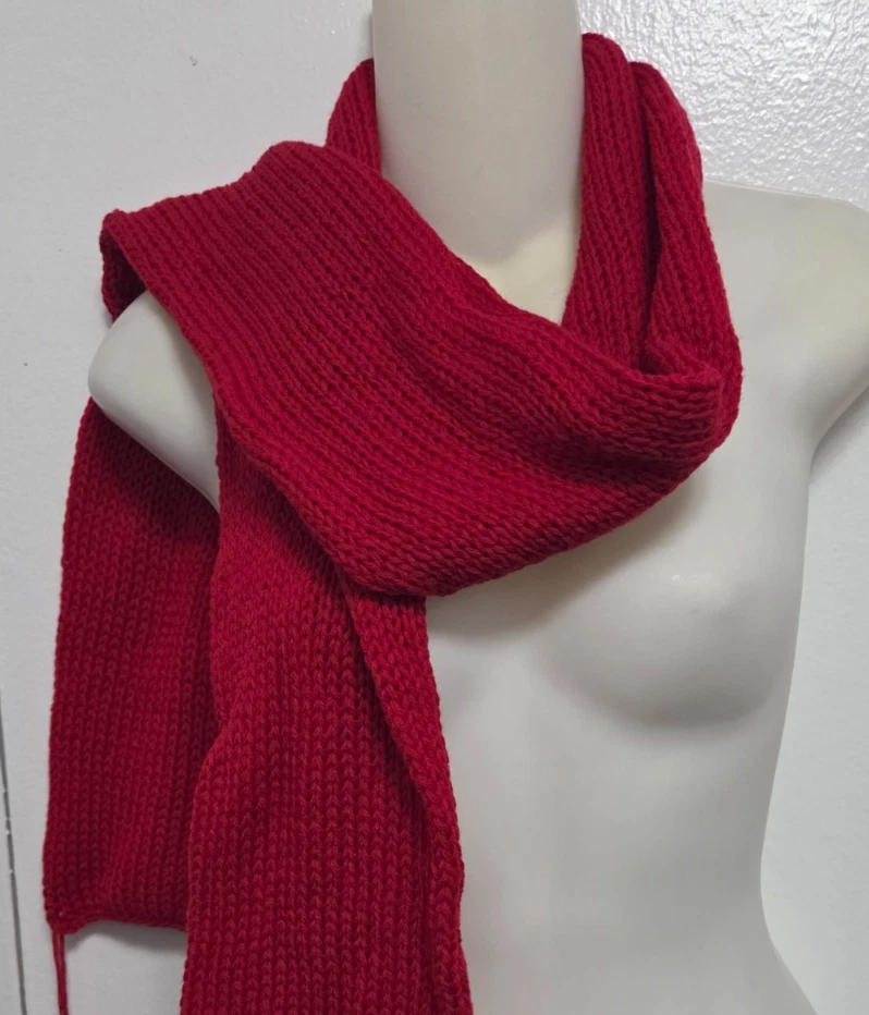 100% Cashmere Chunky Knit Scarf Red Hand Made New York City 5.5x62" Unisex READ