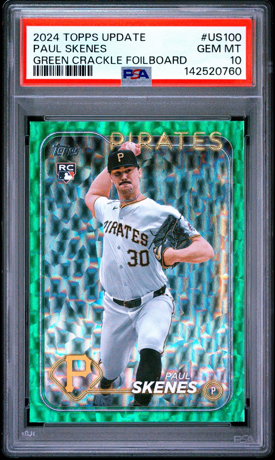 2024 TOPPS UPDATE GREEN CRACKLE FOILBOARD #US100 PAUL SKENES 114/499 PSA 10