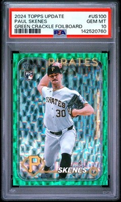2024 TOPPS UPDATE GREEN CRACKLE FOILBOARD #US100 PAUL SKENES 114/499 PSA 10