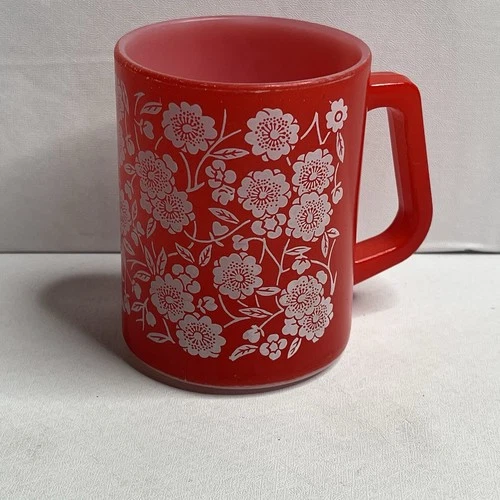 Vintage Federal Red White Floral Milk Glass Coffee Mug Cup 3.75"