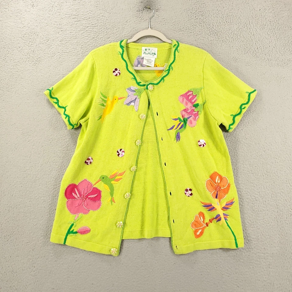 Quaker Factory Cardigan Womens Large Yellow Humming Birds Embroidered Sequin - Image 2 of 4