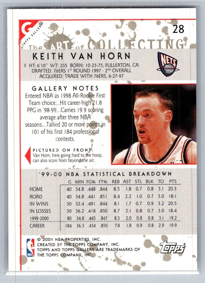 2000-01 Topps Gallery Basketball #28 Keith Van Horn - VG - New Jersey Nets - Image 2 of 2