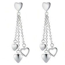 925 Sterling Silver Stud Earrings - Heart Studs With Dangle Drop Heart Charms