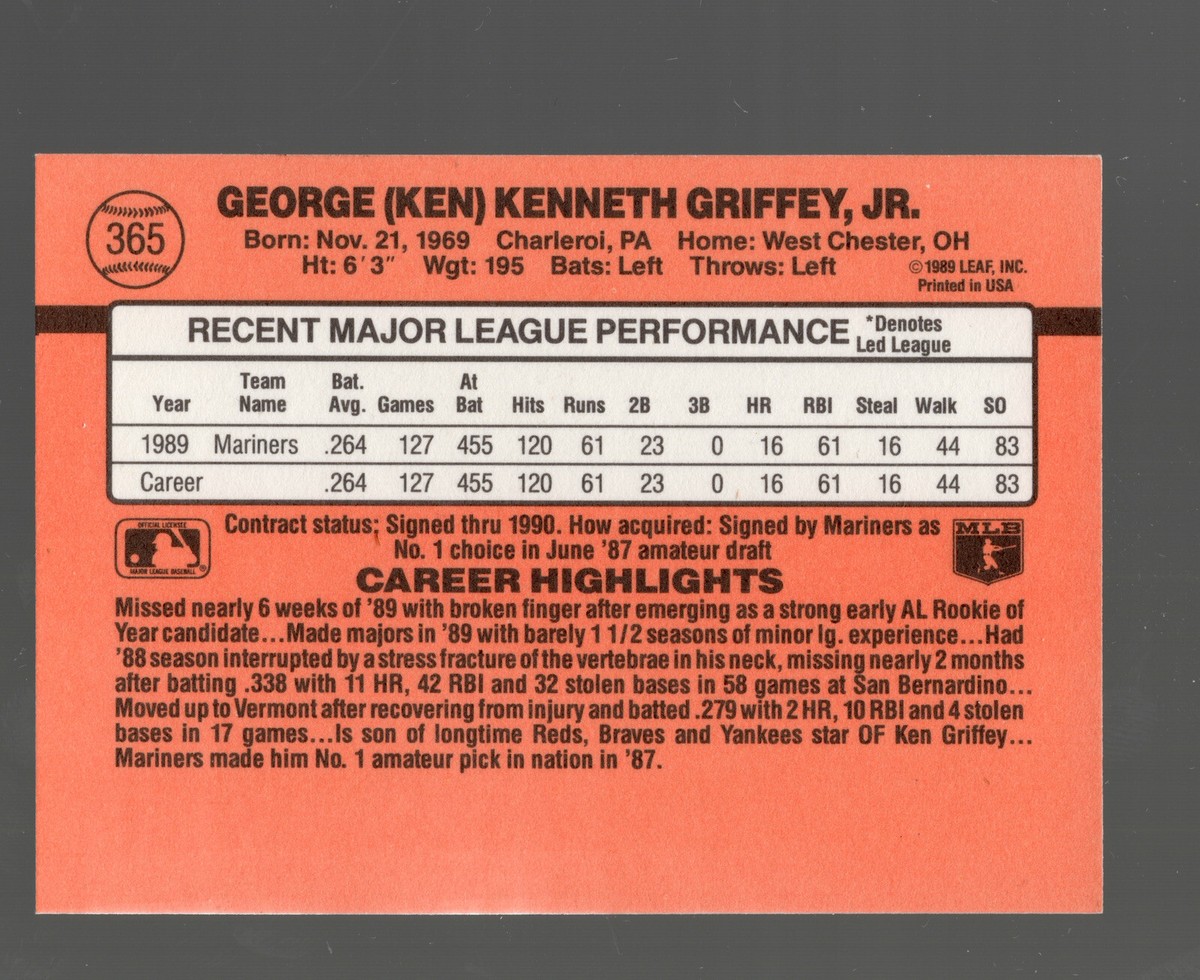 1990年 ケン ・ グリフィー Jr.入りランダムセット36 Amazon.com: 1990 Donruss #365 Ken Griffey Jr. Mint Baseball