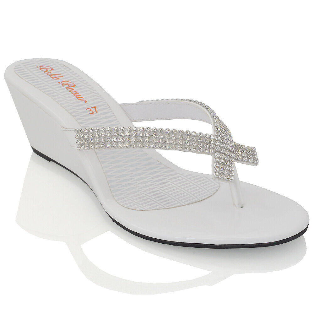 Ladies Womens Wedge Heel Diamante Toe Post Sparkly Dressy Party Sandals ...