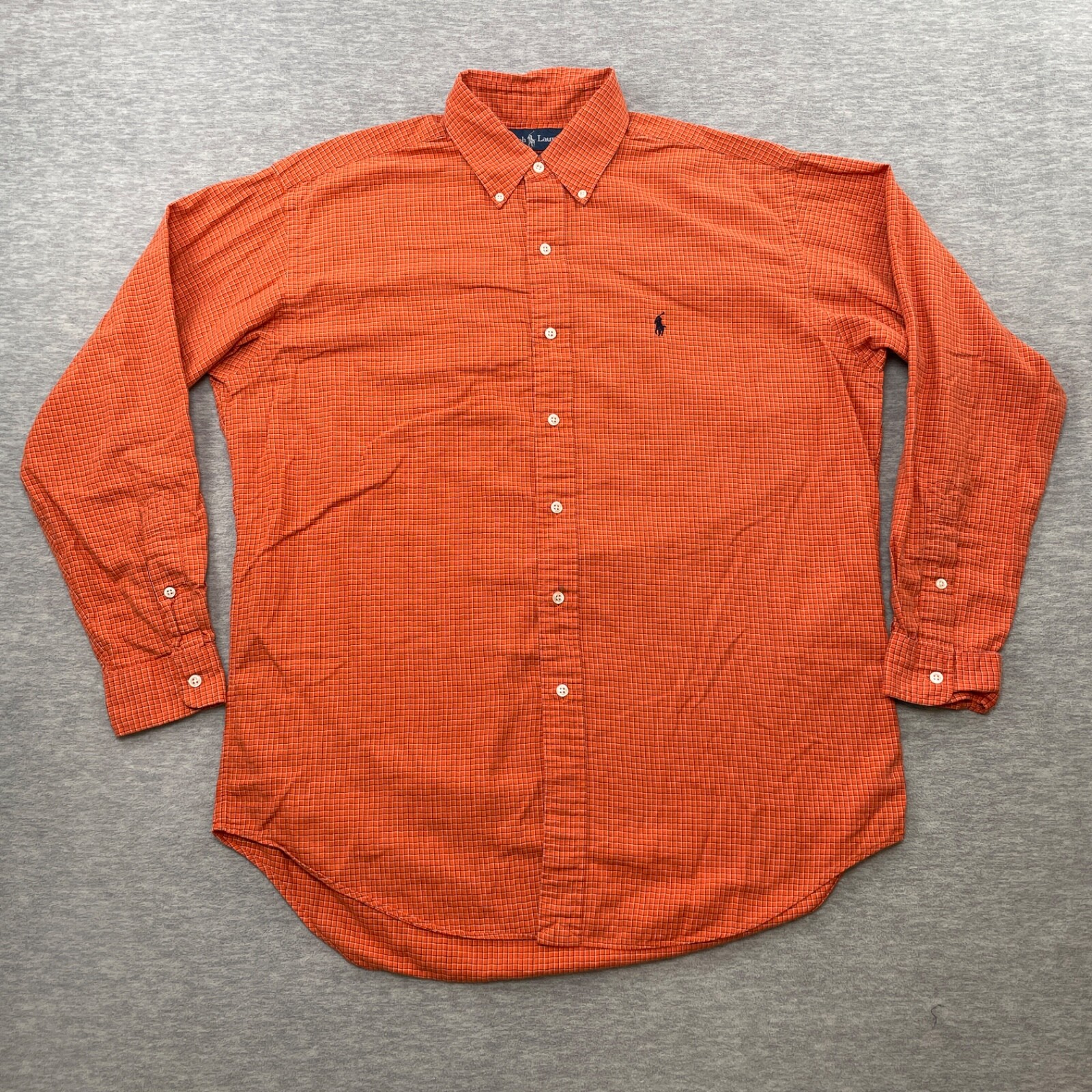 Ralph Lauren Camicia Uomo M Arancione Nero Plaid Manica Lunga Bottoni Pony