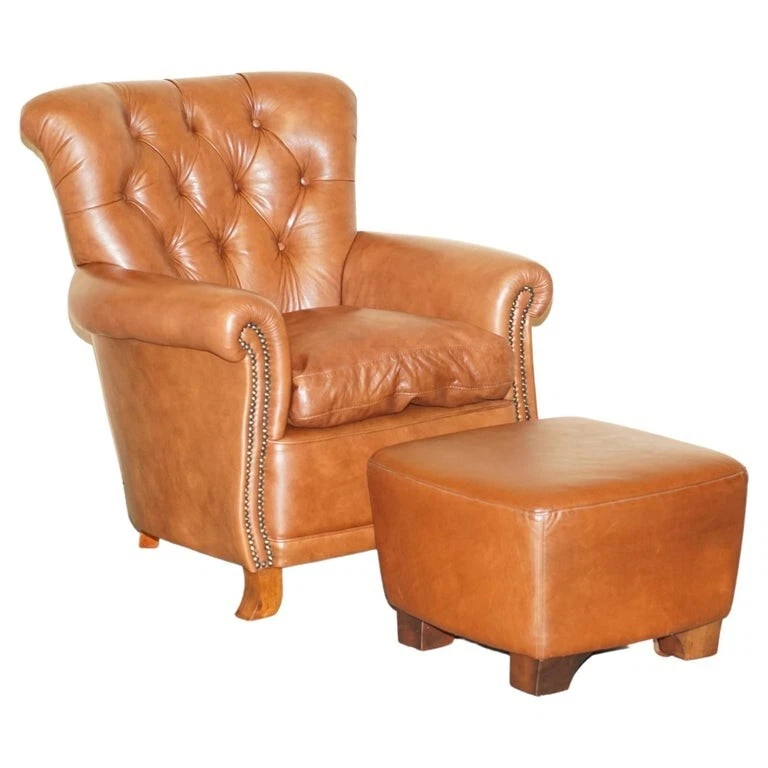 SUPER COMFORTABLE TETRAD CHESTERFIELD BROWN LEATHER ARMCHAIR MATCHING OTTMAN