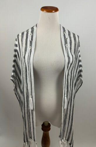 CHICO's black striped linen tassled Ruana Wrap Size S/M - Picture 2 of 6