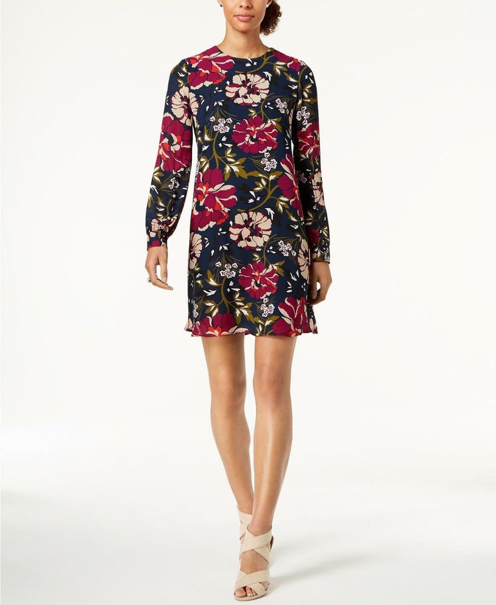 Tommy Hilfiger Womens Blue Floral Print Chiffon Long Sleeve A-Line Dress 10