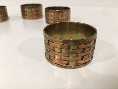 Vintage Set of 6 Brass and Copper Woven Napkin Holder Rings - Picture 5 of 9