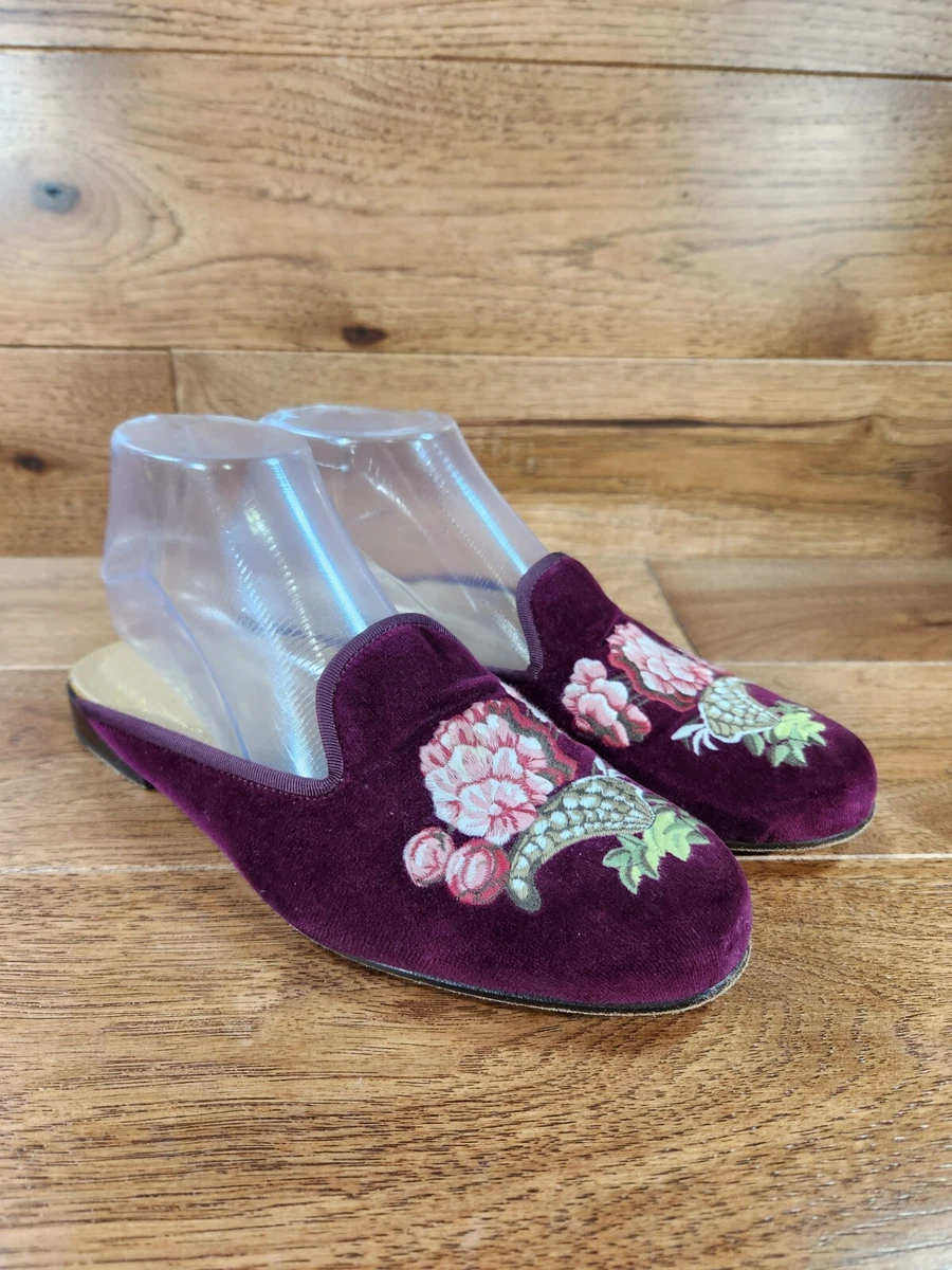 Stubbs Wootton Burgundy Velvet Floral Needle Point Mules Slippers Shoes Size 8