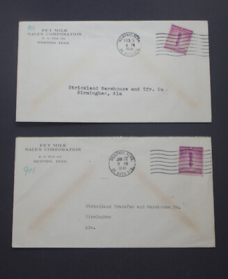 Lot of 2 ~ 1941 PET MILK SALES CORP. Postal Covers ~ Memphis TN ~ Birmingham AL