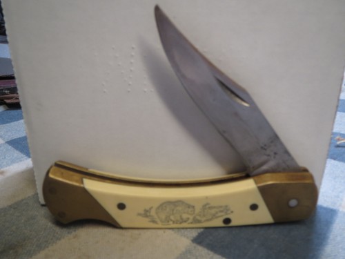 Vintage Schrade+ USA Scrimshaw Lockblade Knife, LB 7 size SC705 Bear And Fish