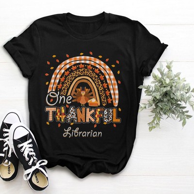 One Thankful Librarian Thanksgiving Rainbow Leopard Fall T-Shirt